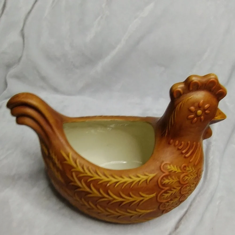 Vintage Ceramic Chicken Planter Brown Yellow Mid Century‎ Farmhouse Decor